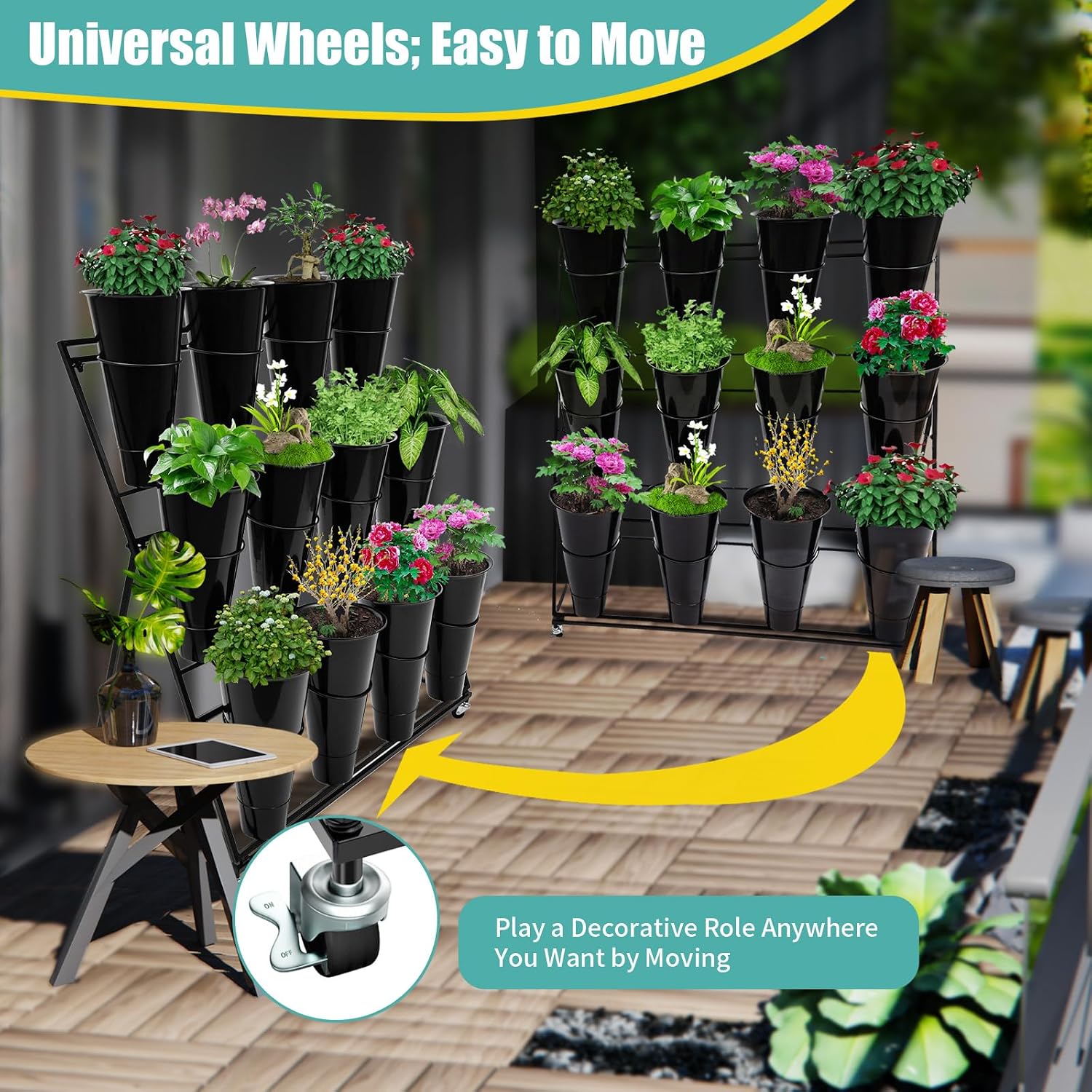 Flower Display Stand with 12 Black Round Buckets, 3 Layers Black Metal Plant Stand with Wheels, Moving Florist Bouquet Shelf for Fresh Flowers Shop Patio Garden Outdoor Flower Pop-Up Events