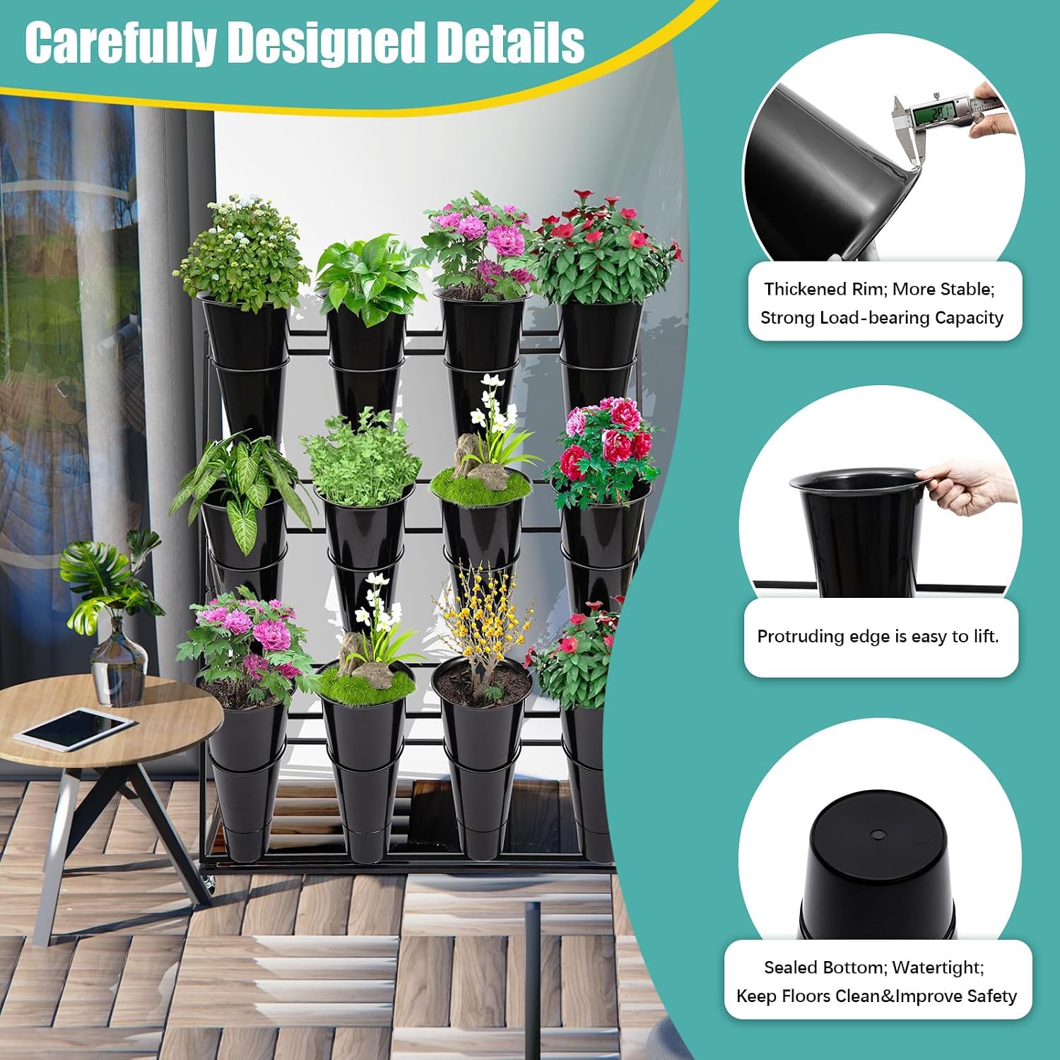 Flower Display Stand with 12 Black Round Buckets, 3 Layers Black Metal Plant Stand with Wheels, Moving Florist Bouquet Shelf for Fresh Flowers Shop Patio Garden Outdoor Flower Pop-Up Events