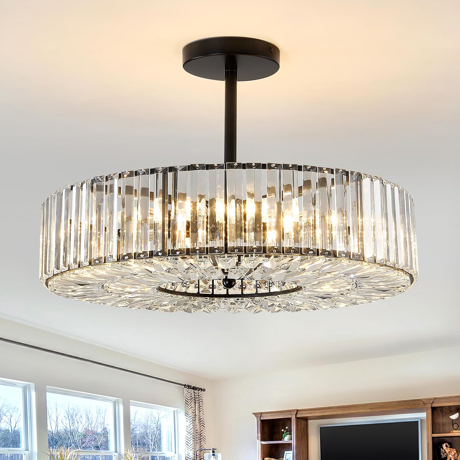 Piepooye 8 Lights Modern Large Crystal Chandelier Black Round Semi Flush Mount Ceiling Light Fixture Farmhouse Chandelier for Dinning Room Living Room Bedroom Hallway Entryway Kitchen