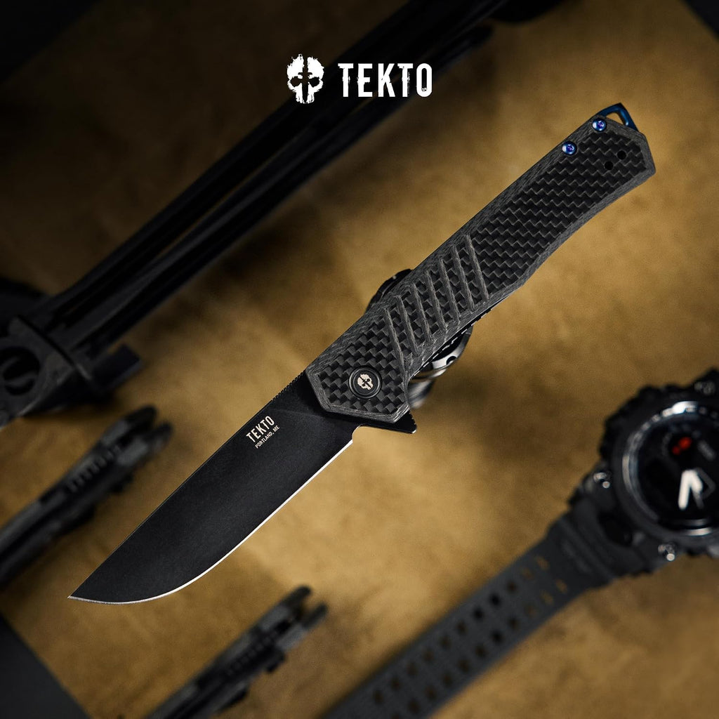 TEKTO F1 Alpha Folding Pocket Knife - Modified Straight Back Blade, Titanium Coated D2 Steel, Tactical Knife, EDC Folding Pocket Knives for Camping, Hunting & Backpacking - Carbon Fiber, Blue Accents