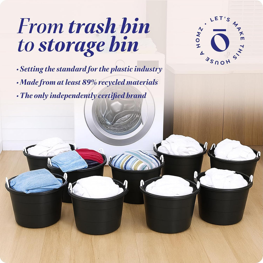 Homz 18 Gallon Durable Plastic Utility Storage Bucket Tub Organizers with Strong Rope Handles for Indoor and Outdoor Use, Black, 8 Pack