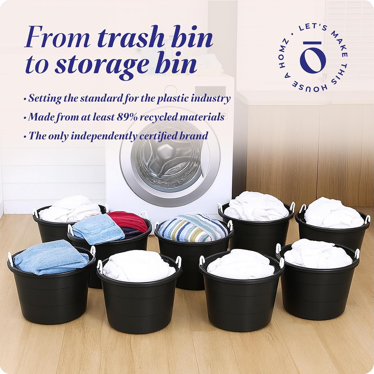 Homz 18 Gallon Durable Plastic Utility Storage Bucket Tub Organizers with Strong Rope Handles for Indoor and Outdoor Use, Black, 8 Pack