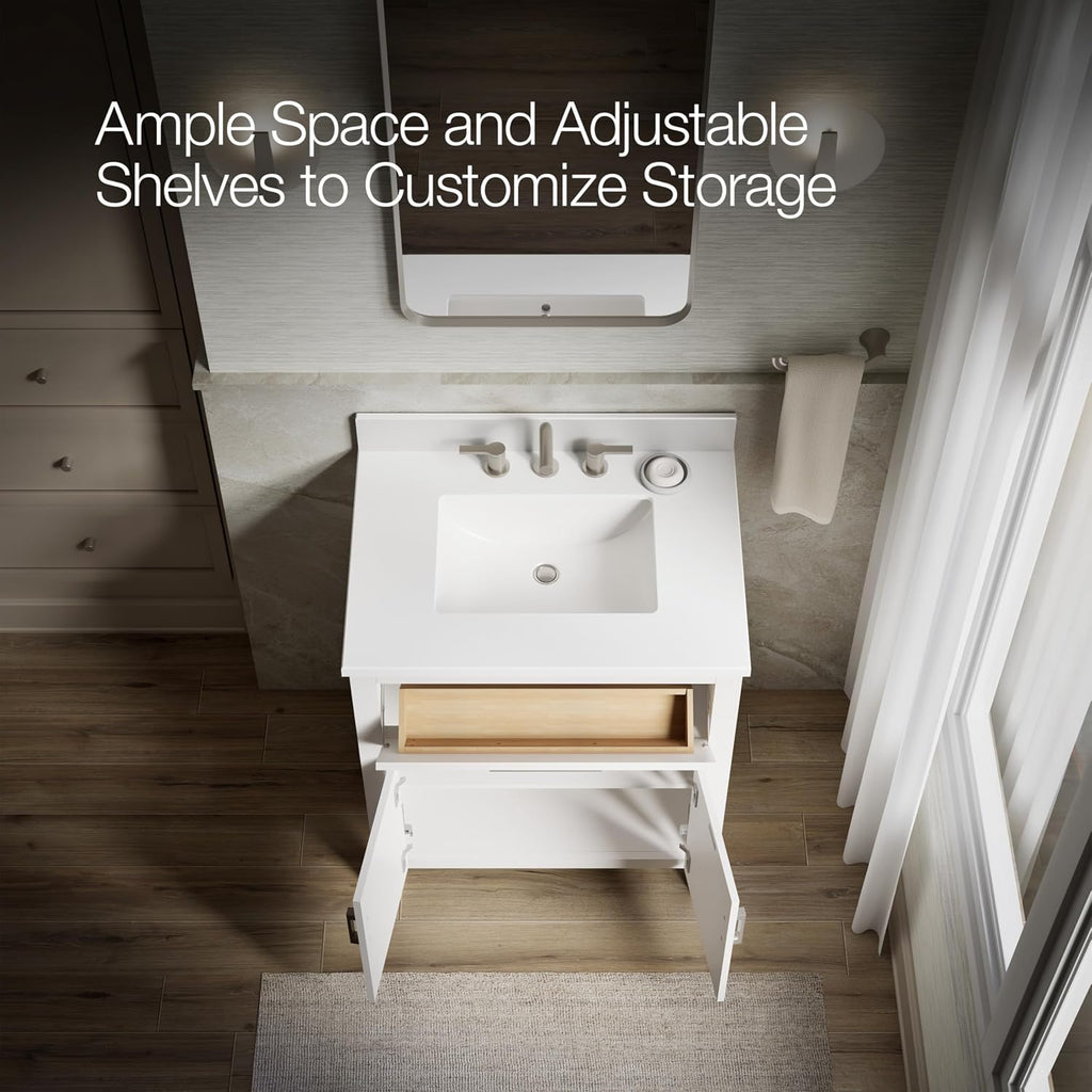 Kohler Kresla 30 Inch Bathroom Vanity Cabinet with White Single Sink and Quartz Top, Modern Bathroom Storage, White
