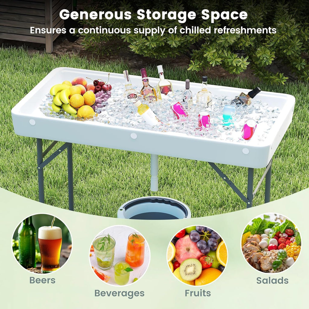 4 Foot Folding Ice Cooler Table, Portable Ice Tables for Parties with Drain, Detachable Matching Skirt & Foldable Bucket, Fill and Chill Table for Party, Picnic, Camping, Wedding, White