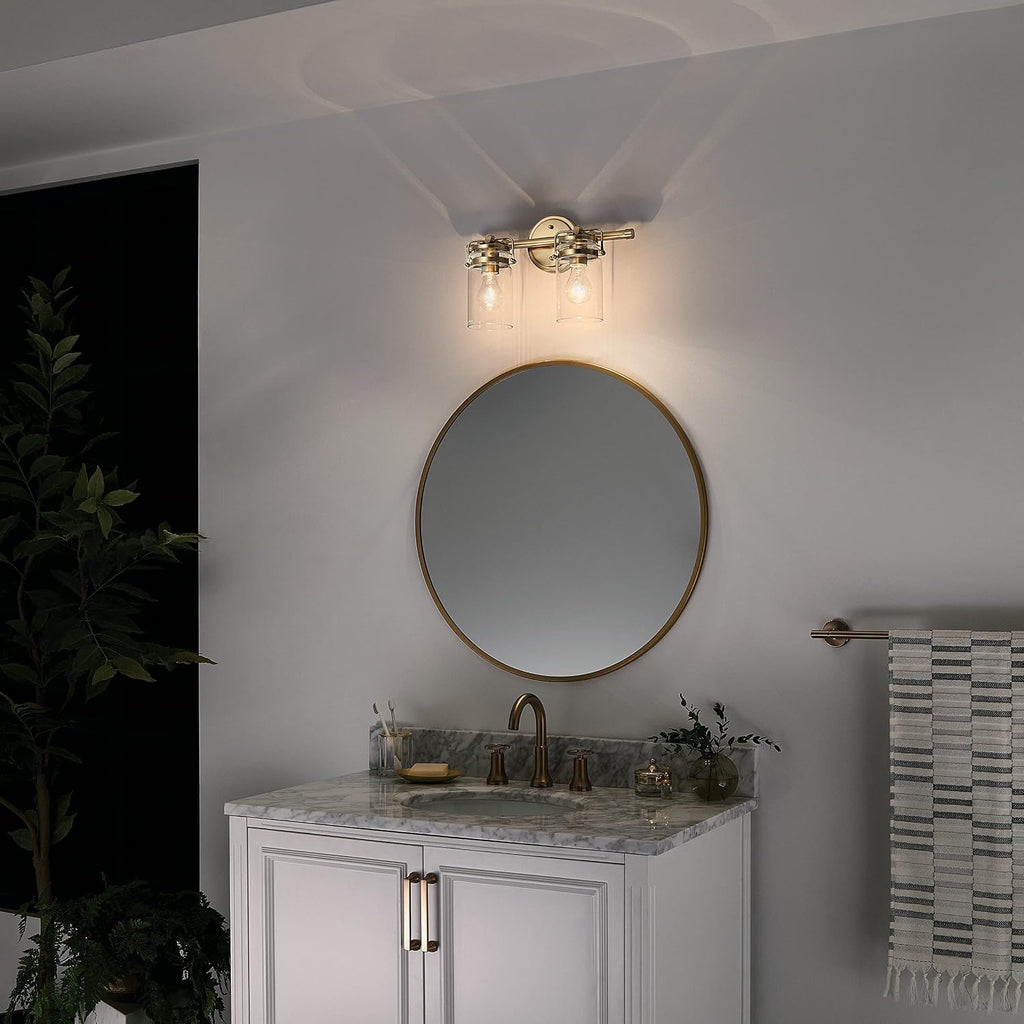 Kichler Brinley 2-Light Bathroom Vanity Light Fixture 15.75 in Industrial Farmhouse with Clear Glass in Champagne Bronze for Mirror Over Sink (15.75 x 10.25 x 6.75 in), 45688CPZ