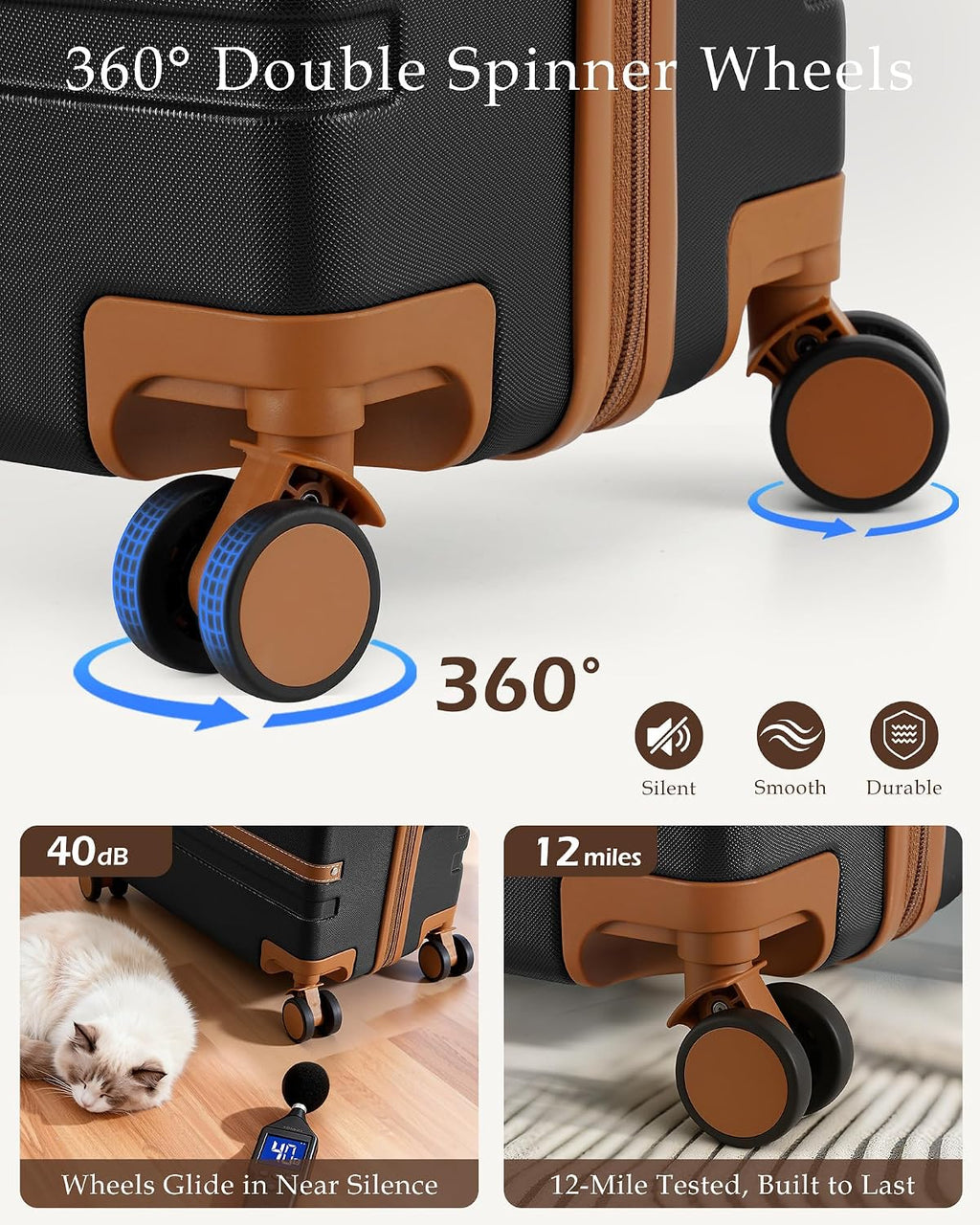 LONG VACATION Luggage Sets 5 Piece, Suitcases With Wheels, PC+ABS Hardshell Luggage Set with Spinner Wheels, TSA Lock (Black Brown)