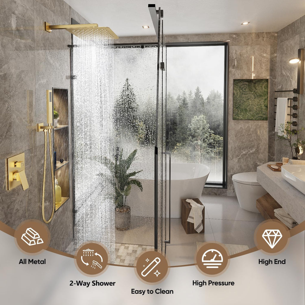Gabrylly Shower System, Gold Shower Faucet Set, High Pressure 10 Inch Rain Shower Head with Handheld Spray Combo, All Metal Shower Head Set with Shower Valve Kit, Brushed Gold