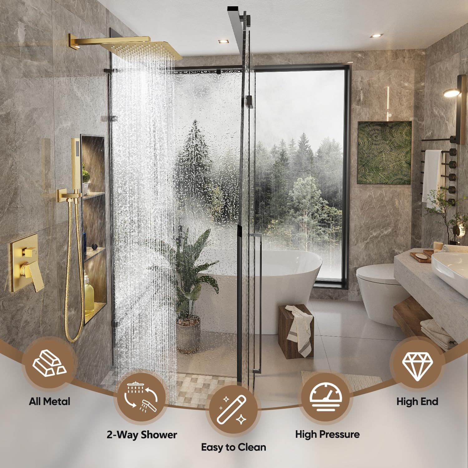Gabrylly Shower System, Gold Shower Faucet Set, High Pressure 10 Inch Rain Shower Head with Handheld Spray Combo, All Metal Shower Head Set with Shower Valve Kit, Brushed Gold