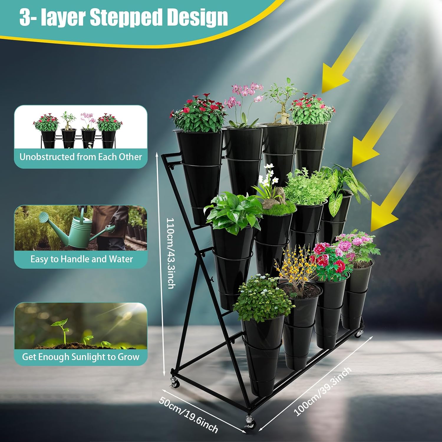 Flower Display Stand with 12 Black Round Buckets, 3 Layers Black Metal Plant Stand with Wheels, Moving Florist Bouquet Shelf for Fresh Flowers Shop Patio Garden Outdoor Flower Pop-Up Events
