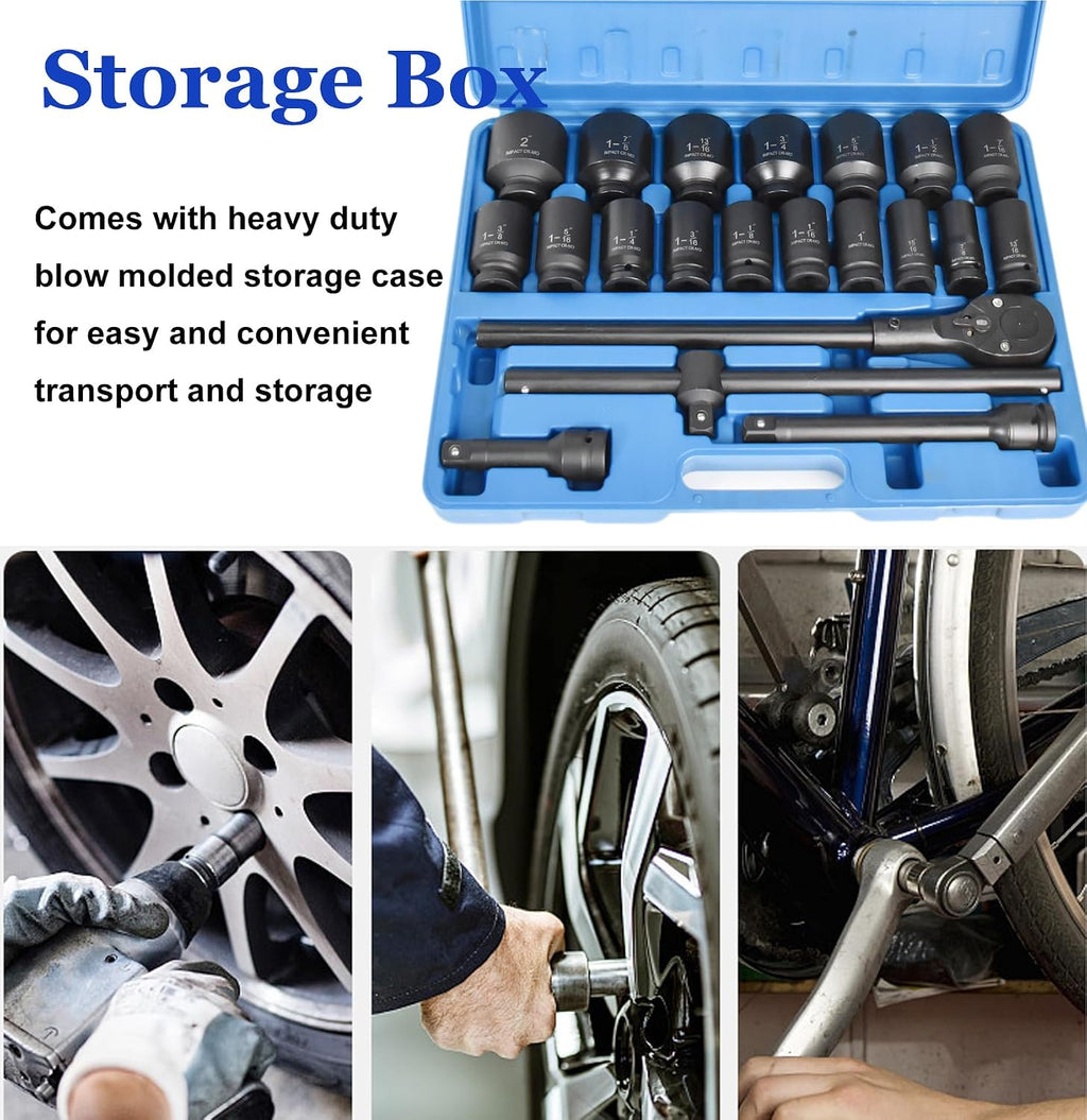 22-Pieces 3/4' DR Drive Deep Impact Socket Set, 6-Point (7/8-Inch - 2-Inch) SAE 22pc Jumbo Impact Socket Set, with Impact Adapter, Ratchet Wrench Extension Rod, Sliding Bar & Carrying Case (09090#)