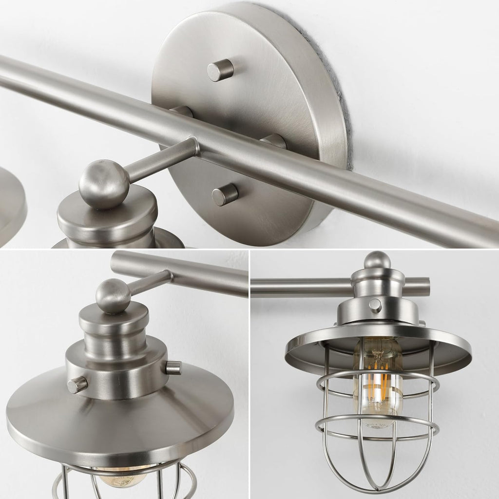 JONATHAN Y JYL1506B Ellis 24' 3-Light Industrial Farmhouse Vanity Light with Bathroom Hardware Accessory Set, Brushed Nickel (5-Piece) - Towel Bar & Ring, Toilet Paper Holder, Robe Hook