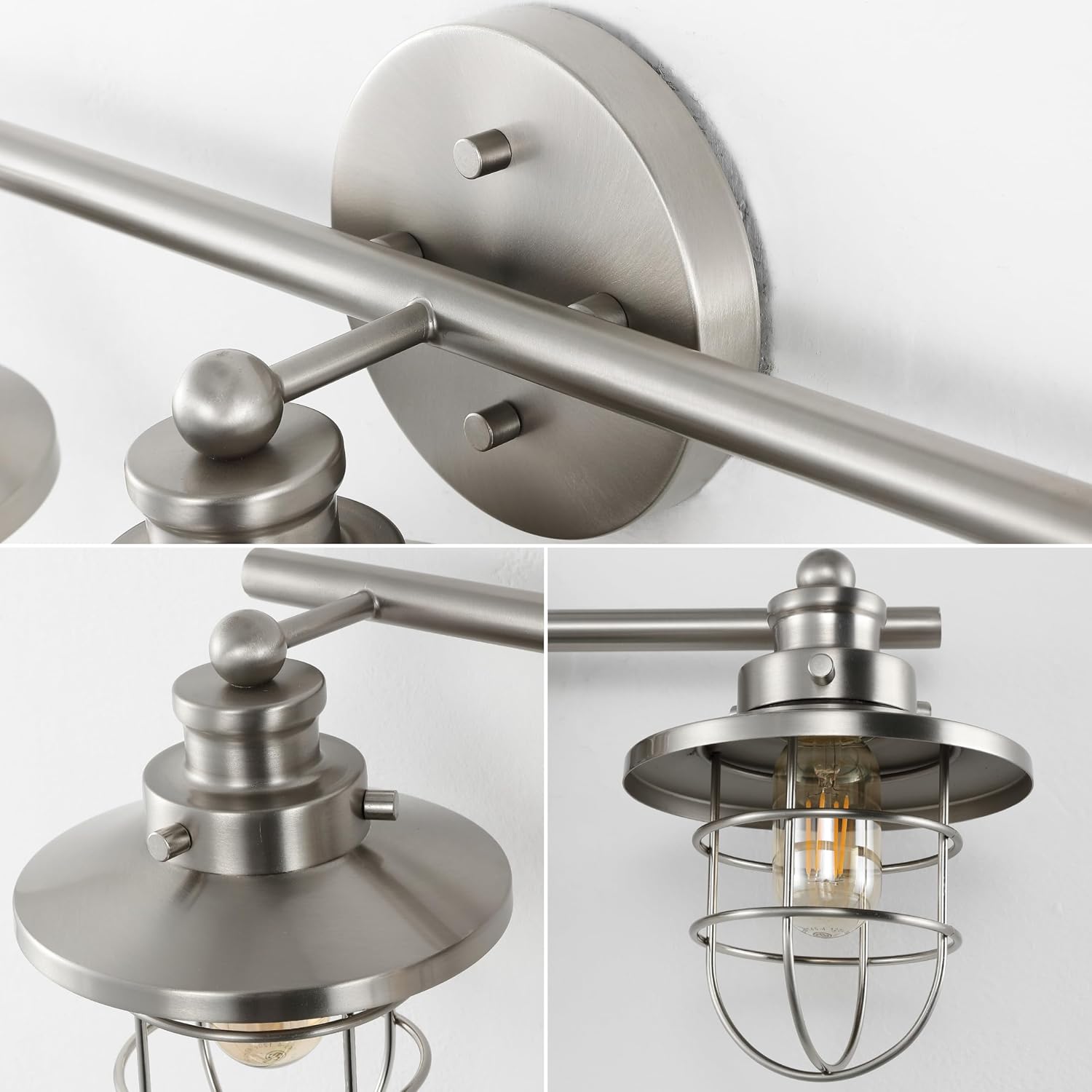JONATHAN Y JYL1506B Ellis 24' 3-Light Industrial Farmhouse Vanity Light with Bathroom Hardware Accessory Set, Brushed Nickel (5-Piece) - Towel Bar & Ring, Toilet Paper Holder, Robe Hook