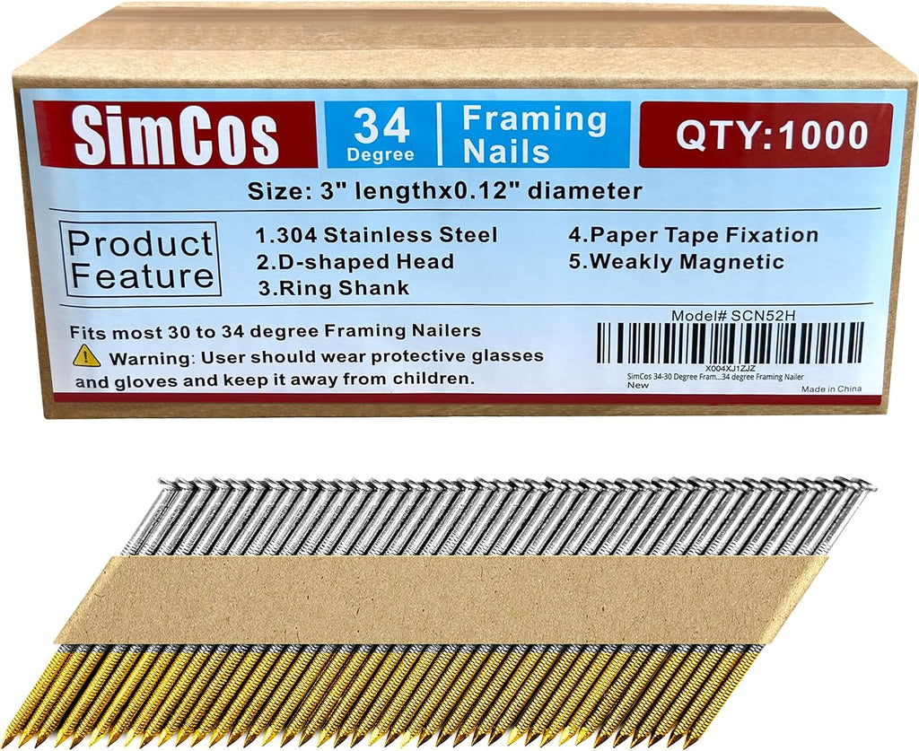 34-30 Degree Framing Nails 304 Stainless Steel D Head 3' Ring Shank Paper Tape Strip Nails 1000 PCS for 30 to 34 Degree Framing Nailer