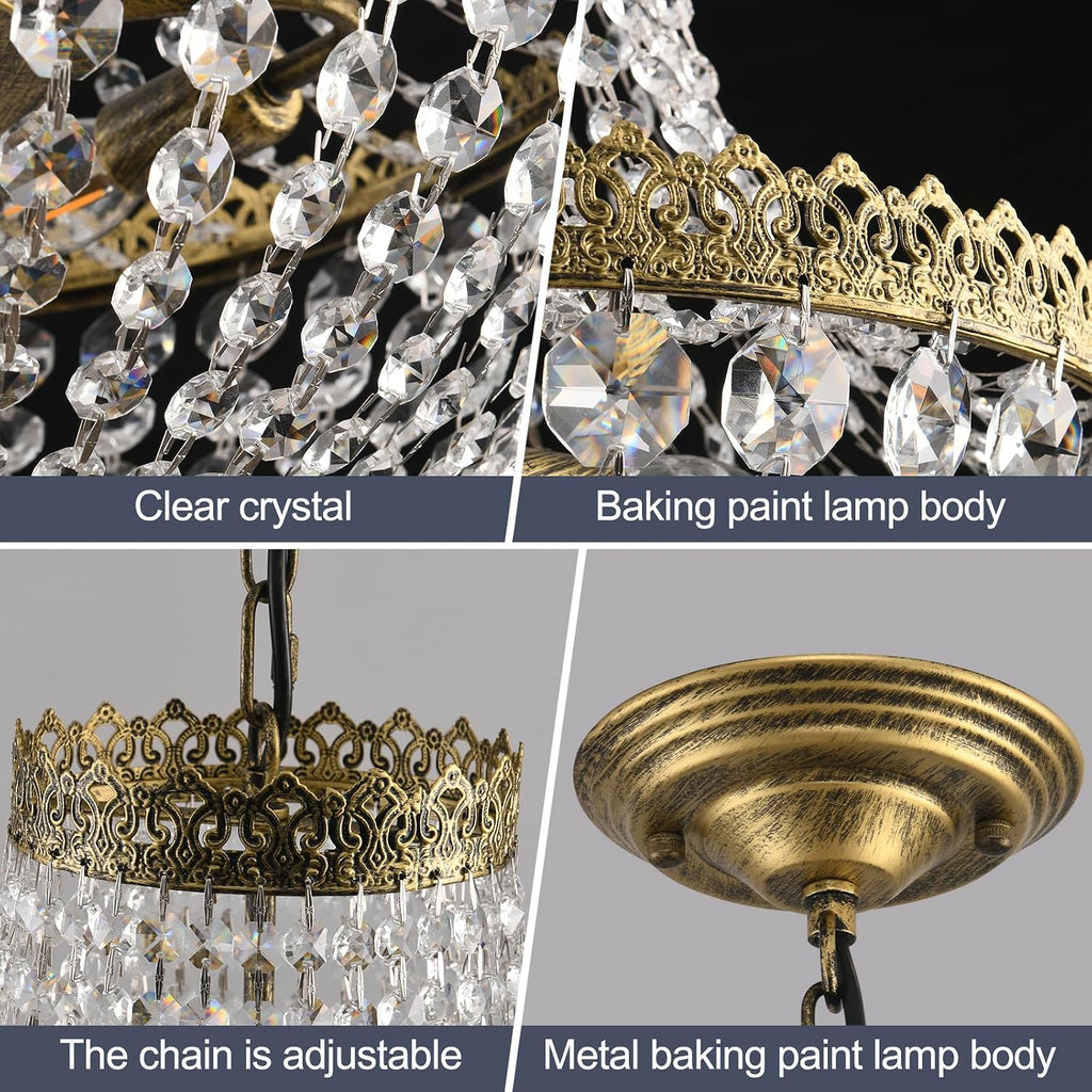 6 Lights French Empire Crystal Chandelier Farmhouse Pendant Lighting, Antique Brass Ceiling Light Fixture for Dining Room Bedroom Foyer Living Room, W18.5 x H25.6