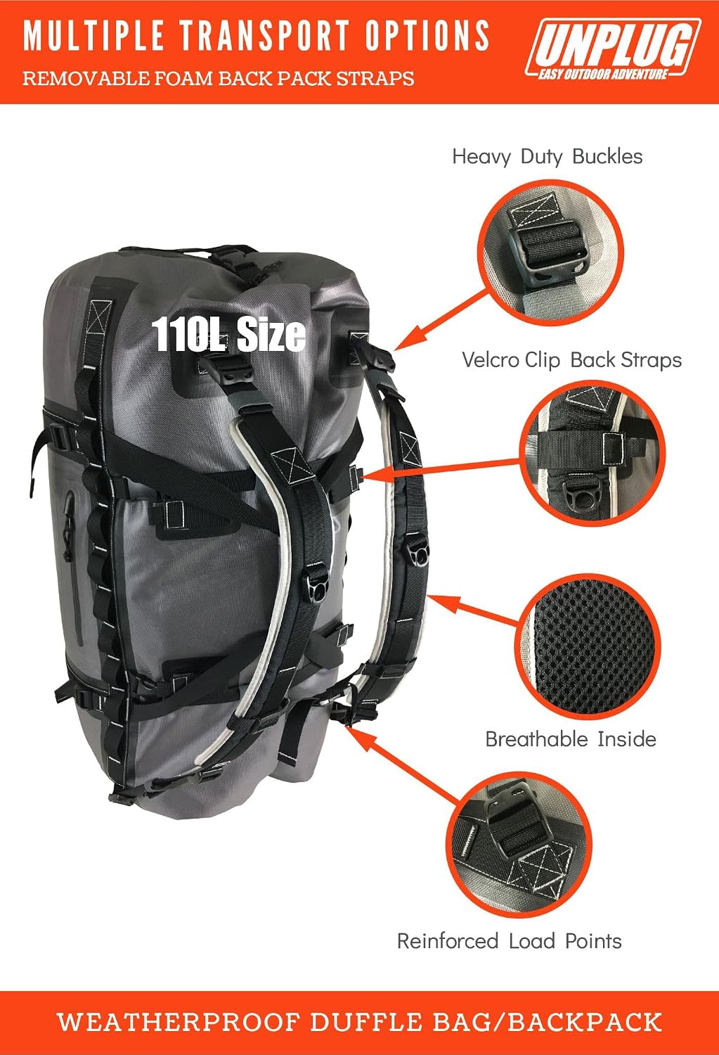 UNPLUG Ultimate Adventure | 1680D Heavy Duty Waterproof Bag | Large Travel Bag which can be Used for Camping, Motorcycling, Boating, or Hunting|110L Storm Grey
