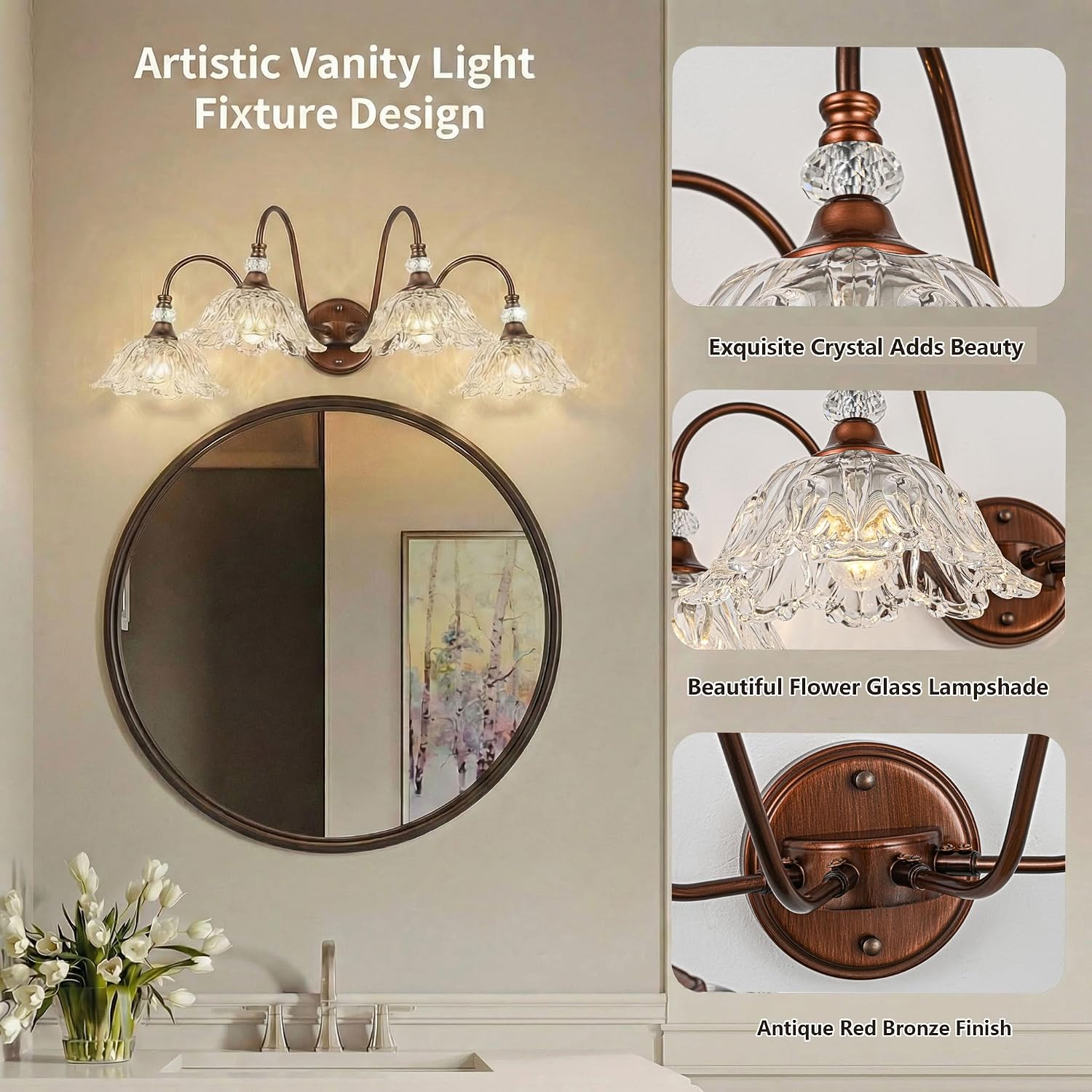 Antique Red Bronze Finish Bathroom Vanity Light, 4-Light Vintage Vanity Light with Floral Clear Glass Shades, Retro Wall Mount Lighting for Bathroom, Dressing Table