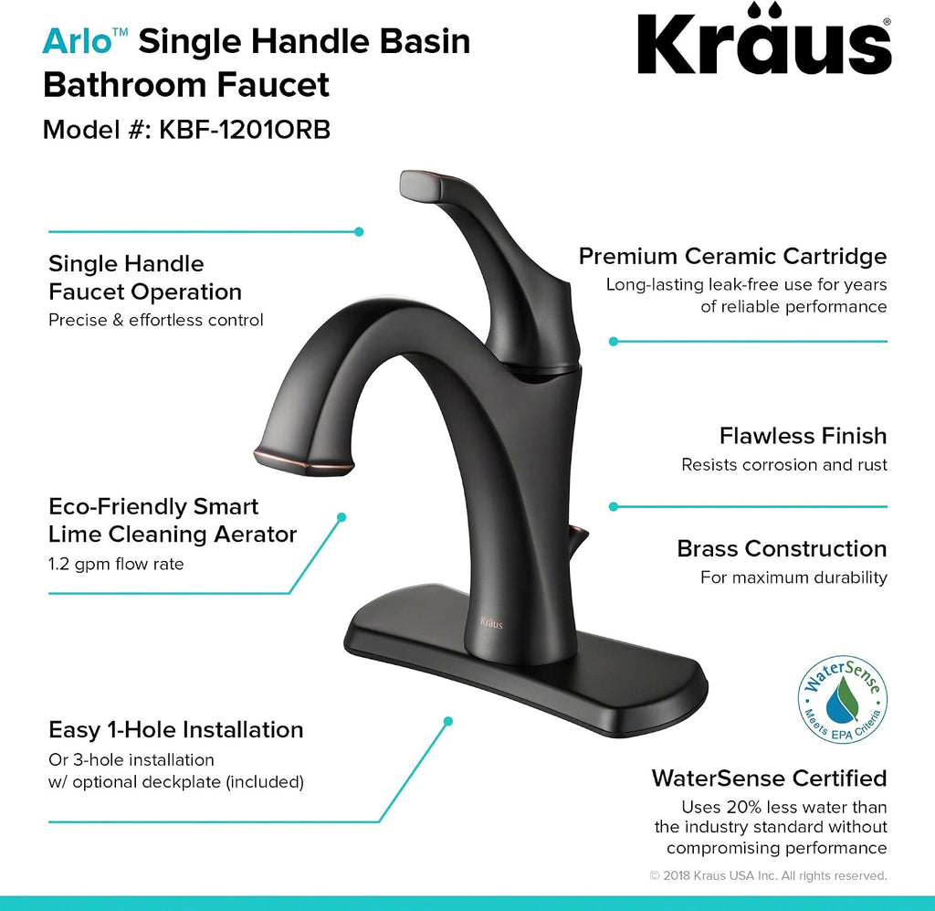 KRAUS KBF-1201ORB Arlo Single Handle Basin Bathroom Faucet with Lift Rod Drain and Deck Plate, Oil Rubbed Bronze