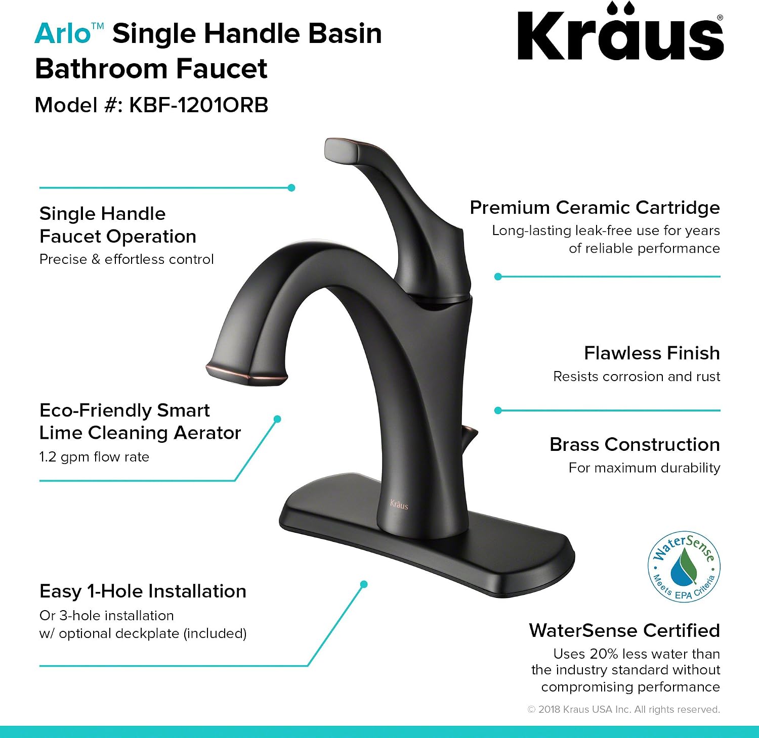 KRAUS KBF-1201ORB Arlo Single Handle Basin Bathroom Faucet with Lift Rod Drain and Deck Plate, Oil Rubbed Bronze
