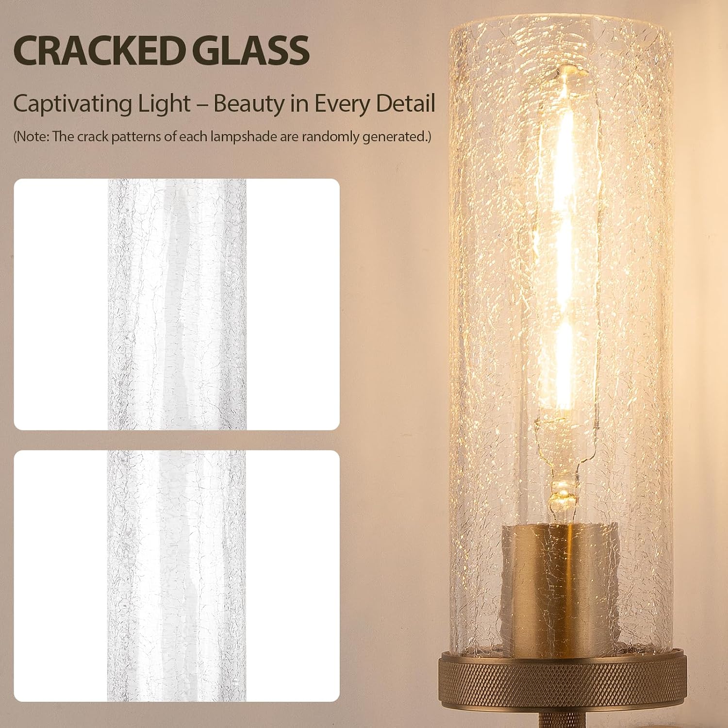 15' Knurled Brass Wall Sconce with Crackle Glass Tube, Gold Bathroom Vanity Light Fixtures, Modern Lamp Lighting for Bedroom, Living Room, Hallway, Staircase, Mirror, Kitchen