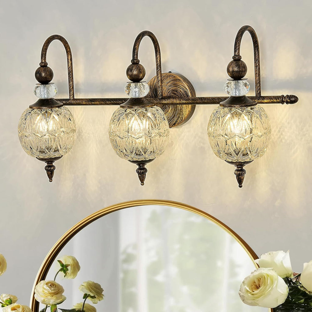 Piepooye Vintage Bathroom Light Fixtures Bronze Vanity Light with Glass Globe LampShade 3 Lights Mid Century G9 Bulb Wall Sconce Indoor Vanity Light Over Mirror for Bedroom Farmhouse Hallway
