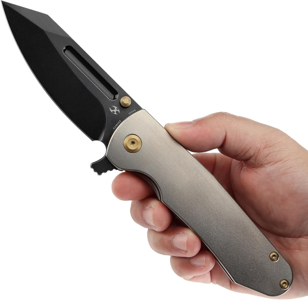 KANSEPT Superhawk Pocket Knives, 3.89''Blackwash CPM S35VN Steel Sharp Blade, Titanium with Orange Peel Finish Handle, Thumb Stud for Edc and Outdoor, 9.03'' Camping Folding Hiking Knive K1084A2