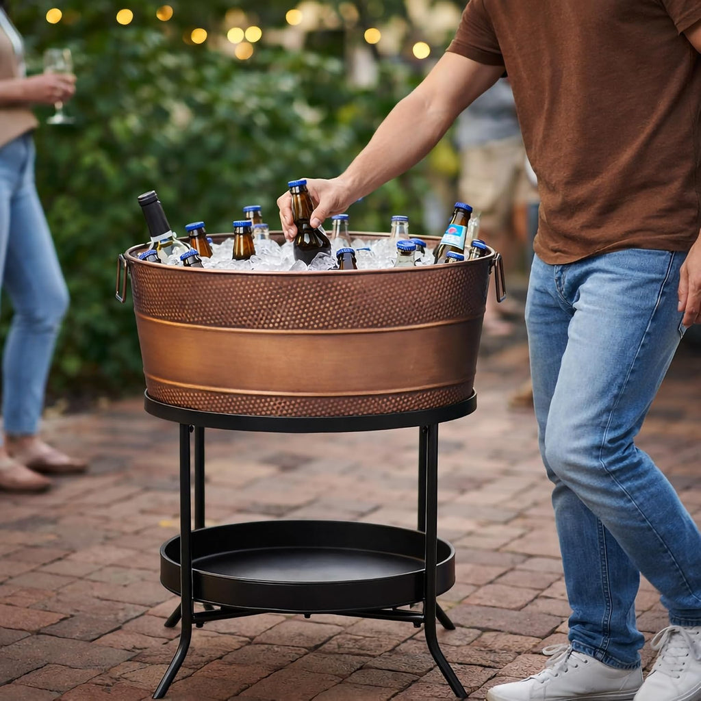 BREKX Aspen Metal Beverage Tub with Stand, 6 Gallon Galvanized Tub with Durable Copper Finish, Ice Tub Cooler Stand, Drink Cooler for Parties - Copper Anniversary