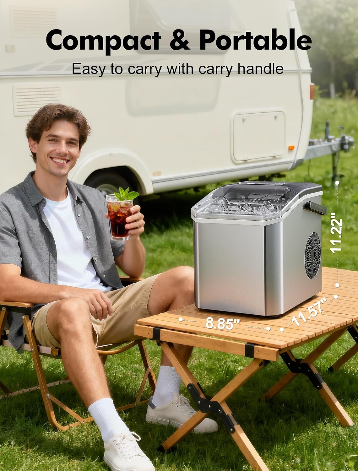 Ice Maker Countertop, Portable Ice Machine with Carry Handle, Self-Cleaning Ice Makers with Basket and Scoop, 9 Ice Cubes in 6 Mins, 26 lbs per Day, 5 Sizes of Bullet Ice for Home Party Camping RV
