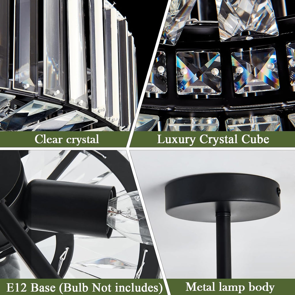 Piepooye 8 Lights Modern Large Crystal Chandelier Black Round Semi Flush Mount Ceiling Light Fixture Farmhouse Chandelier for Dinning Room Living Room Bedroom Hallway Entryway Kitchen