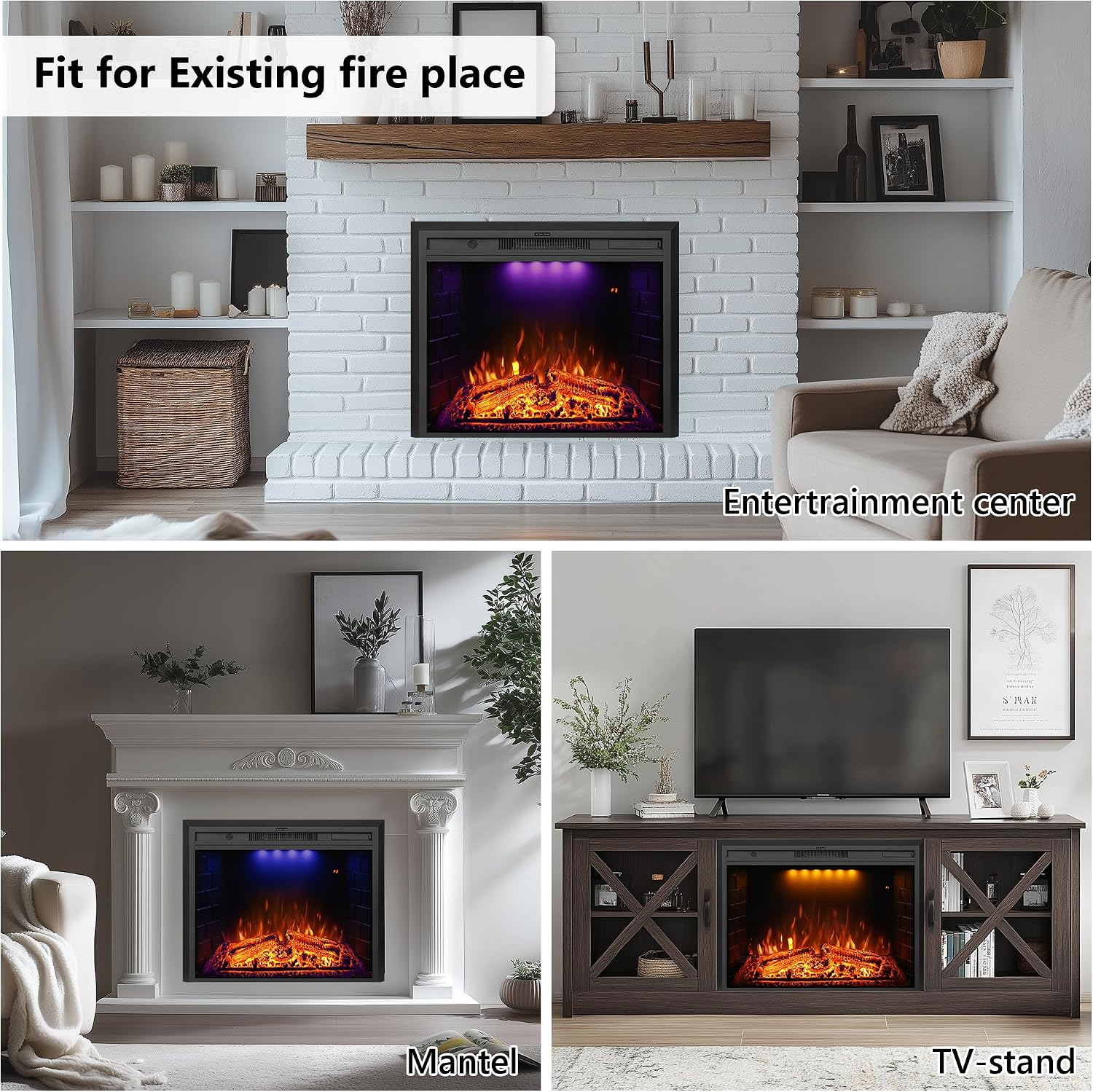 30 inch Electric Fireplace, Wall Fireplace Electric with Remote Control, Realistic Log and Crackling Sound, Overheating Protection and Timer, 750/1500W Black