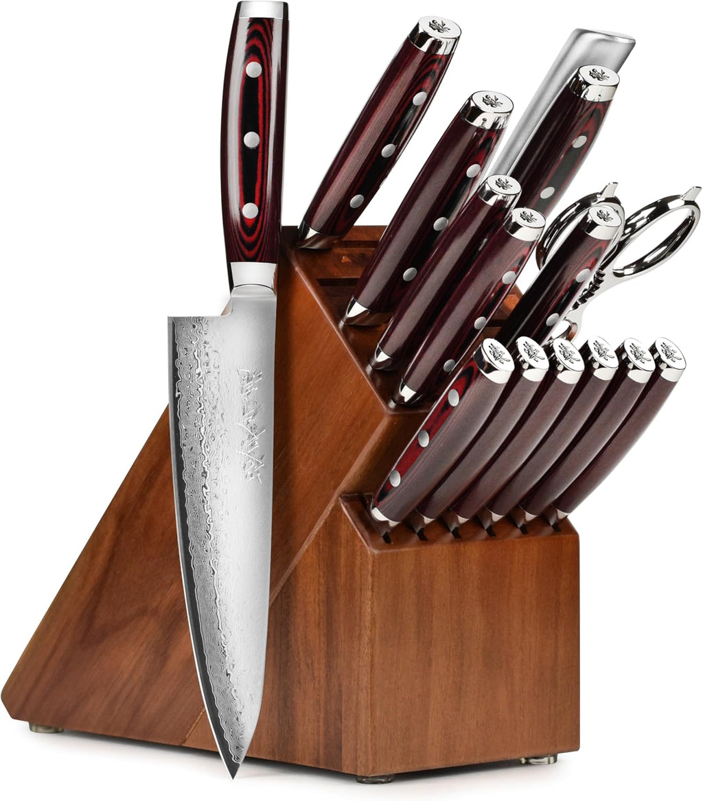 Yaxell Super Gou 16 Piece Knife Set - Made in Japan - 161 Layers SG2 Stainless Damascus, Acacia Block