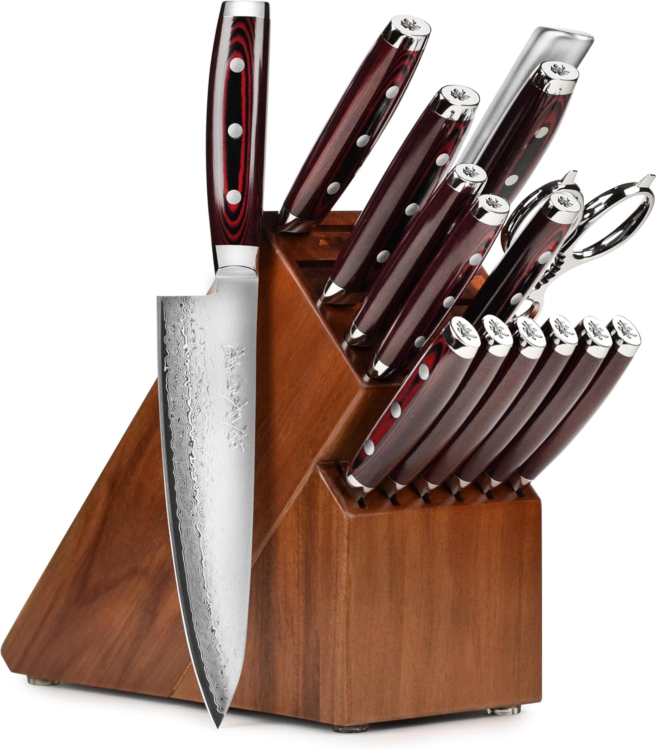 Yaxell Super Gou 16 Piece Knife Set - Made in Japan - 161 Layers SG2 Stainless Damascus, Acacia Block