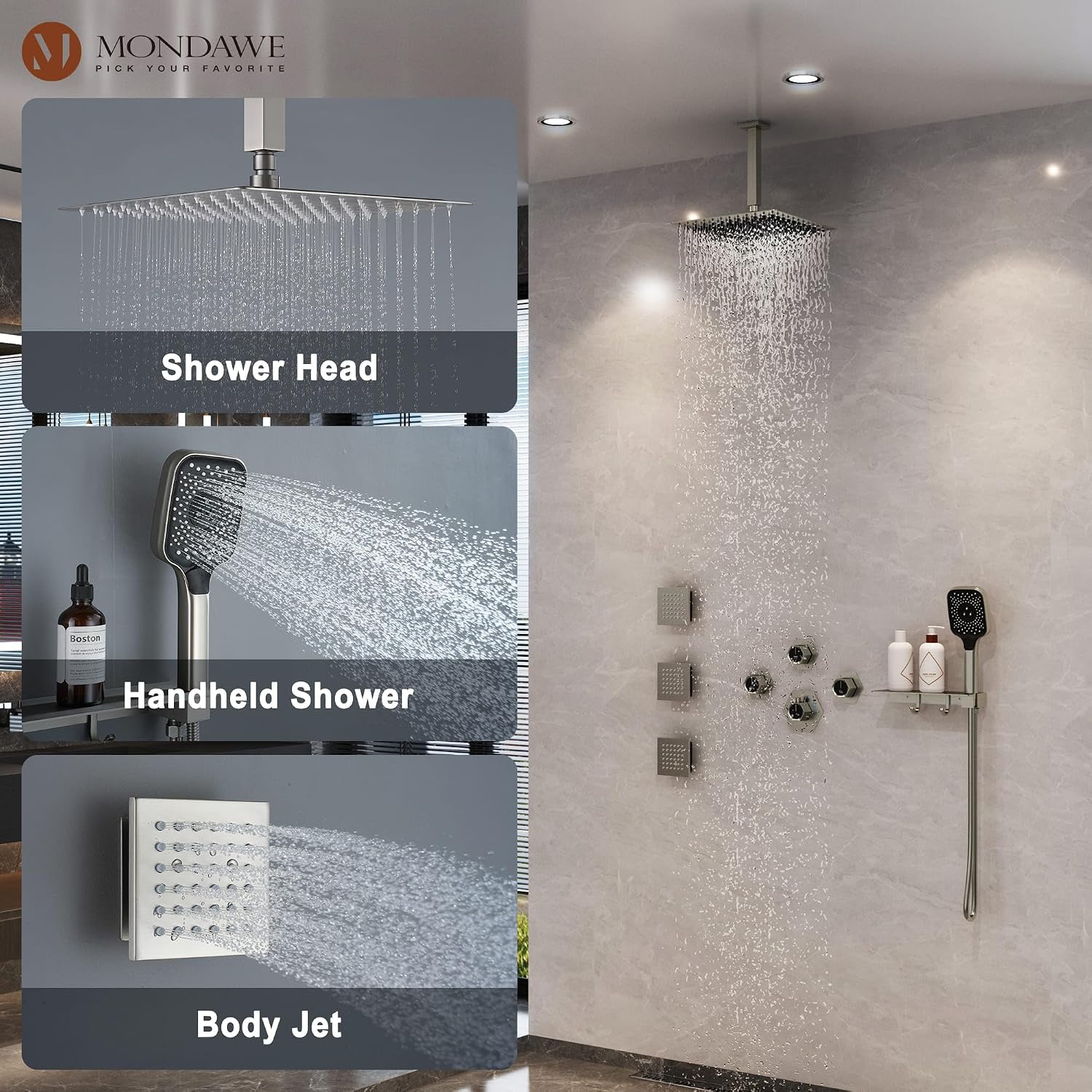 MONDAWE Shower System with Body Jets, 12 Inch Thermostatic Rain Shower System Ceiling Mount, Full Body Spray Shower Jets System with a Shelf, Towel Hooks - Brushed Nickel