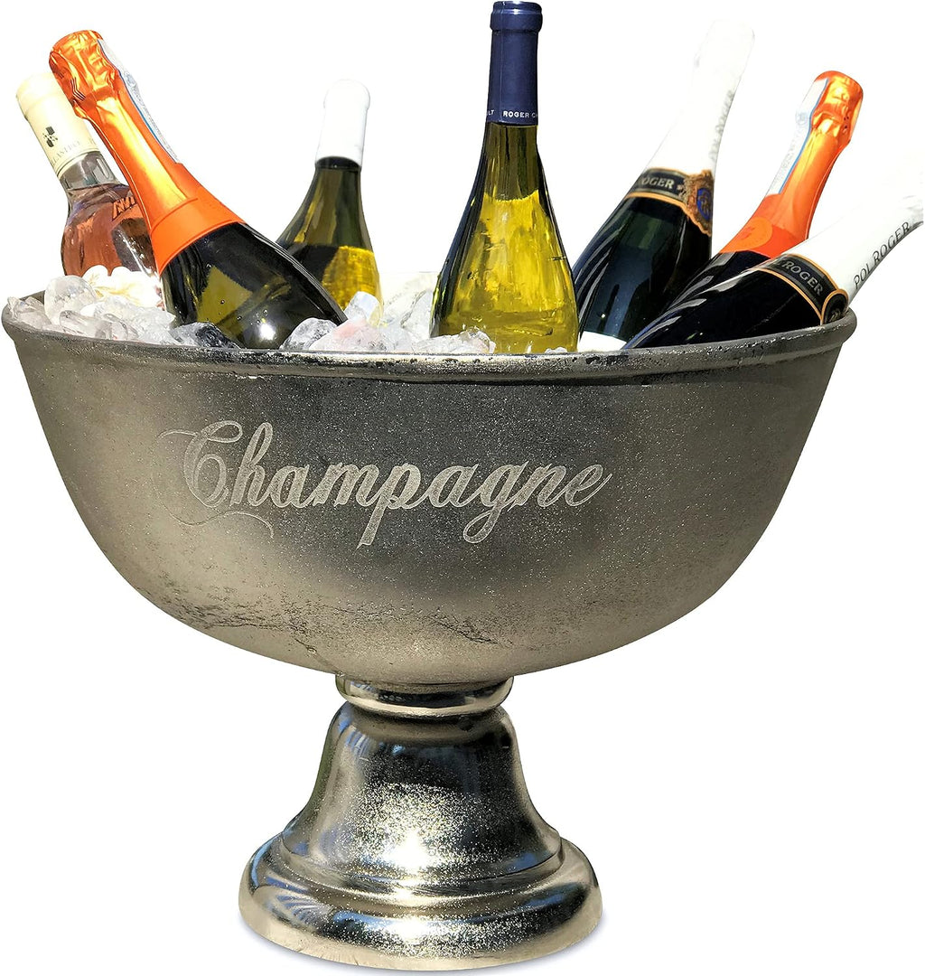 Luxury Champagne Bucket With Old World Panache, Elegant Script Text Details, Hand Cast of Silver Aluminum, Pedestal Base, Party Sized, 18.5 Inches Diameter, 13.5 Inches Tall