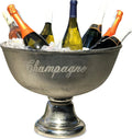 Luxury Champagne Bucket With Old World Panache, Elegant Script Text Details, Hand Cast of Silver Aluminum, Pedestal Base, Party Sized, 18.5 Inches Diameter, 13.5 Inches Tall