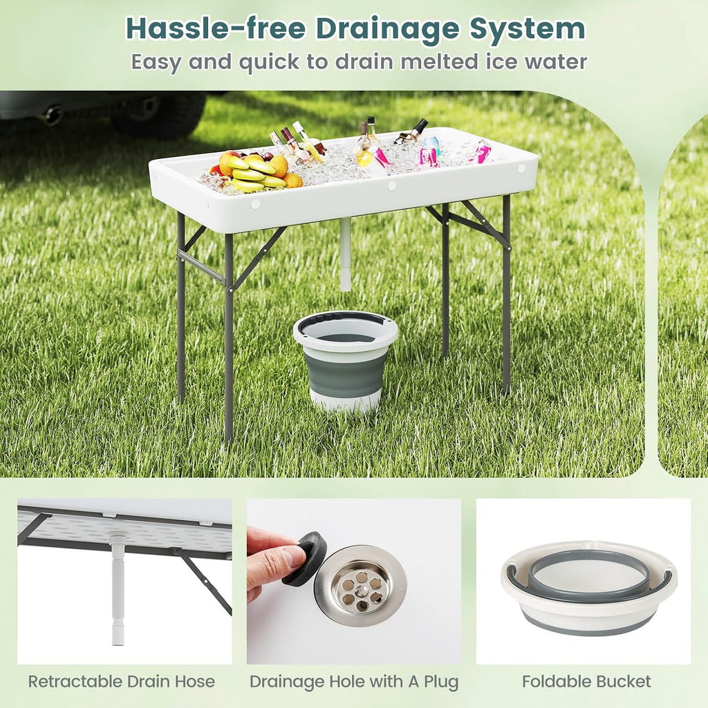 4 Foot Folding Ice Cooler Table, Portable Ice Tables for Parties with Drain, Detachable Matching Skirt & Foldable Bucket, Fill and Chill Table for Party, Picnic, Camping, Wedding, White