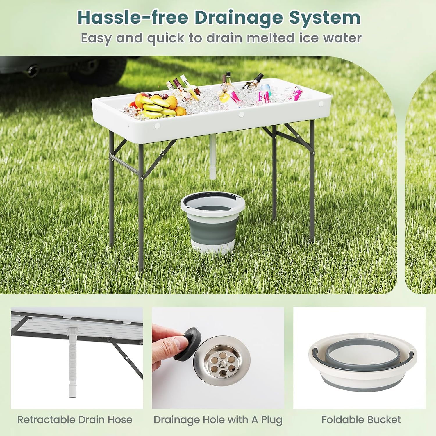4 Foot Folding Ice Cooler Table, Portable Ice Tables for Parties with Drain, Detachable Matching Skirt & Foldable Bucket, Fill and Chill Table for Party, Picnic, Camping, Wedding, White