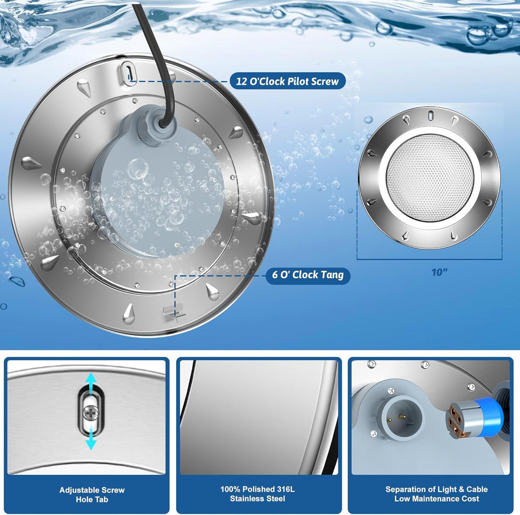 LyLmLe Pool Light for Inground Pools, 65W 10 Inch RGBW Multicolor Inground Pools Light, 316 Stainless Steel, 12V Color Changing LED Pool Lights for 10' Niche, 50ft Cord, Without Transformer Controller