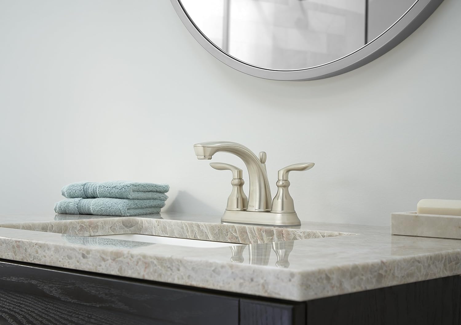 Pfister Avalon 2-Handle Centerset Bathroom Sink Faucet with 3-Hole Installation and Brushed Nickel Finish for Vanity Countertop Mounting and Decorative Deckplate LG48CB1K