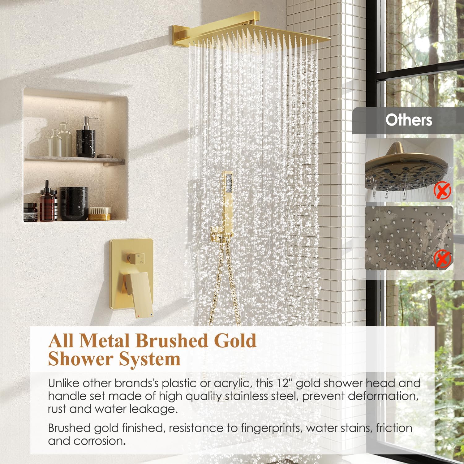 Kurpot Shower System, Gold Shower Faucet Set with Shower Valve and Trim Kit, 12 Inch Rain Shower Head with Handheld Spray, Brushed Gold Shower Head and Handle Set, High Pressure Shower Head System