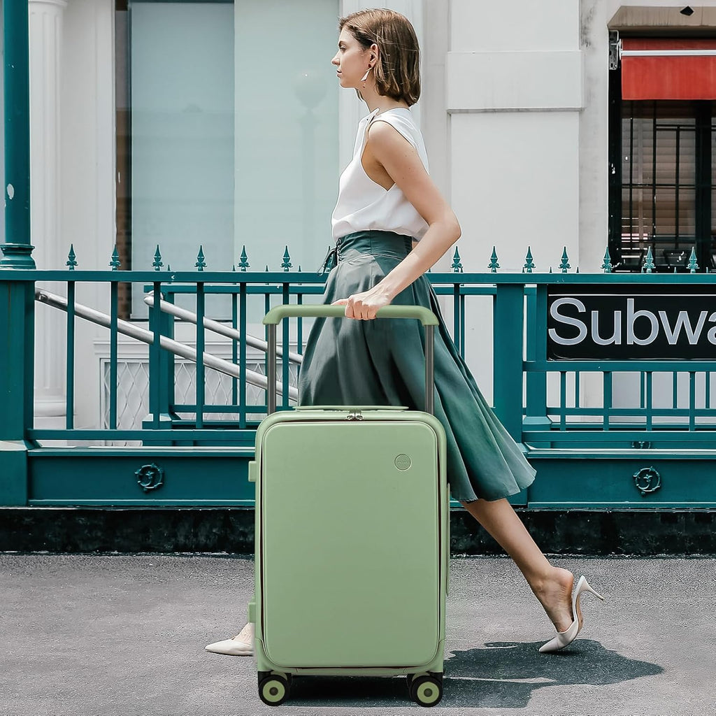 mixi Carry On Luggage Wide Handle Luxury Design Rolling Travel Suitcase PC Hardside with Aluminum Frame Hollow Spinner Wheels, with Cover, 20 inch, Avocado Green