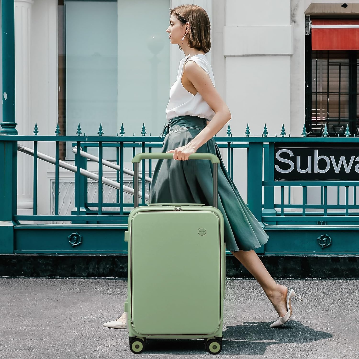 mixi Carry On Luggage Wide Handle Luxury Design Rolling Travel Suitcase PC Hardside with Aluminum Frame Hollow Spinner Wheels, with Cover, 20 inch, Avocado Green