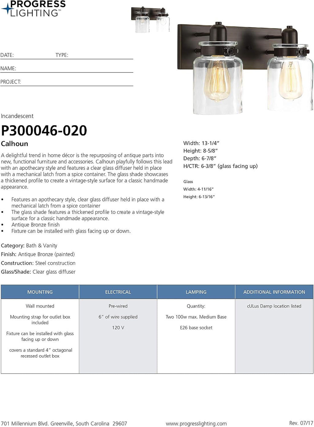 Progress Lighting P300046-020 Calhoun Collection Clear Glass Farmhouse Bath Vanity Light, 2-Light, Antique Bronze