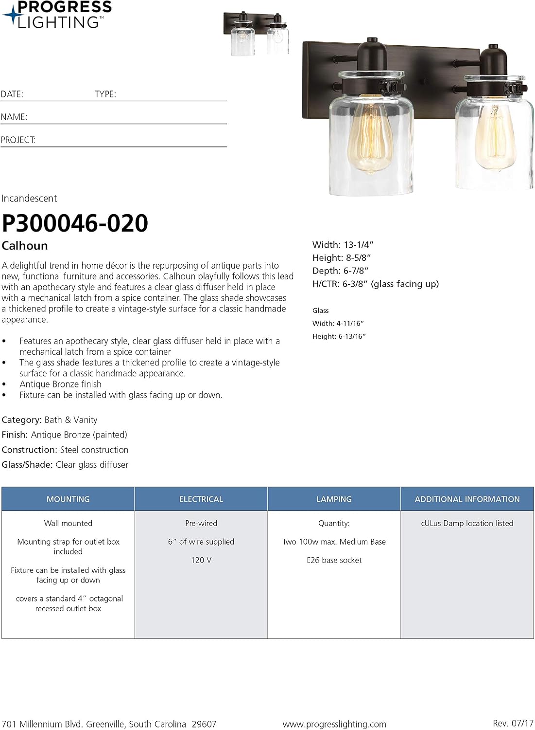 Progress Lighting P300046-020 Calhoun Collection Clear Glass Farmhouse Bath Vanity Light, 2-Light, Antique Bronze