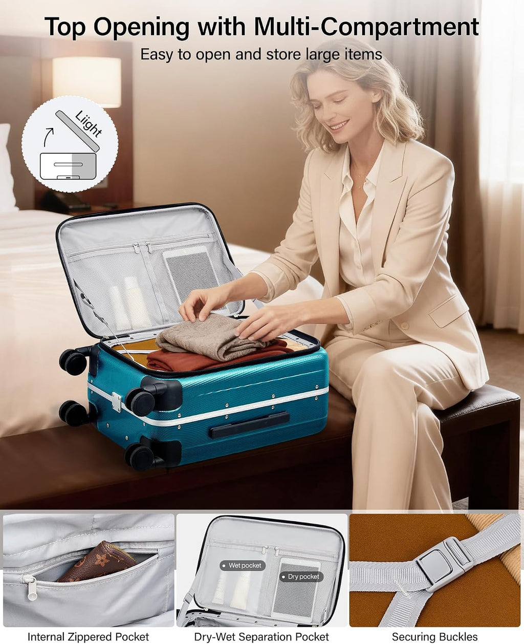 Hanke 20 Inch Carry On Luggage Hard Shell Top Opening Aluminum Frame Hardside Suitcase with Spinner Wheels, Durable Rolling Luggage for Men & Women Travel, Christmas & Birthday Gifts, Caribbean Blue