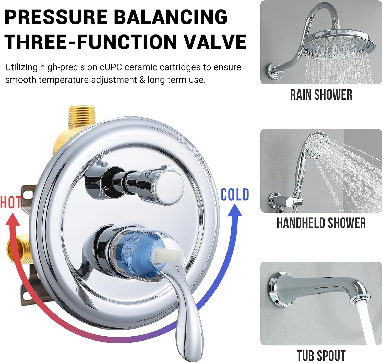 DASAN Shower System with Tub Spout, Chrome Tub and Shower Faucet Combo Set with Valve & Trim Kit Bathtub Shower Faucet Set Bathtub Shower System with Rainfall Shower Head & Handheld, AT309W-PC