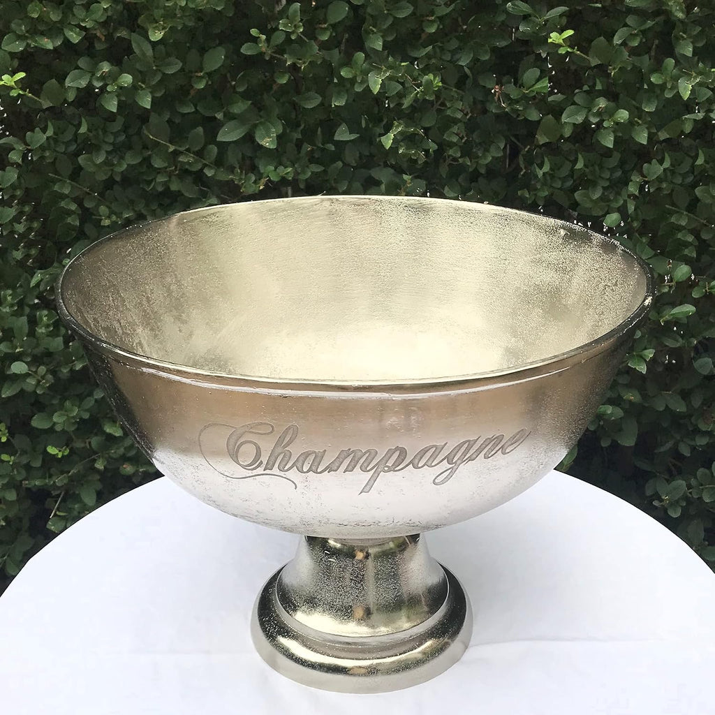 Luxury Champagne Bucket With Old World Panache, Elegant Script Text Details, Hand Cast of Silver Aluminum, Pedestal Base, Party Sized, 18.5 Inches Diameter, 13.5 Inches Tall