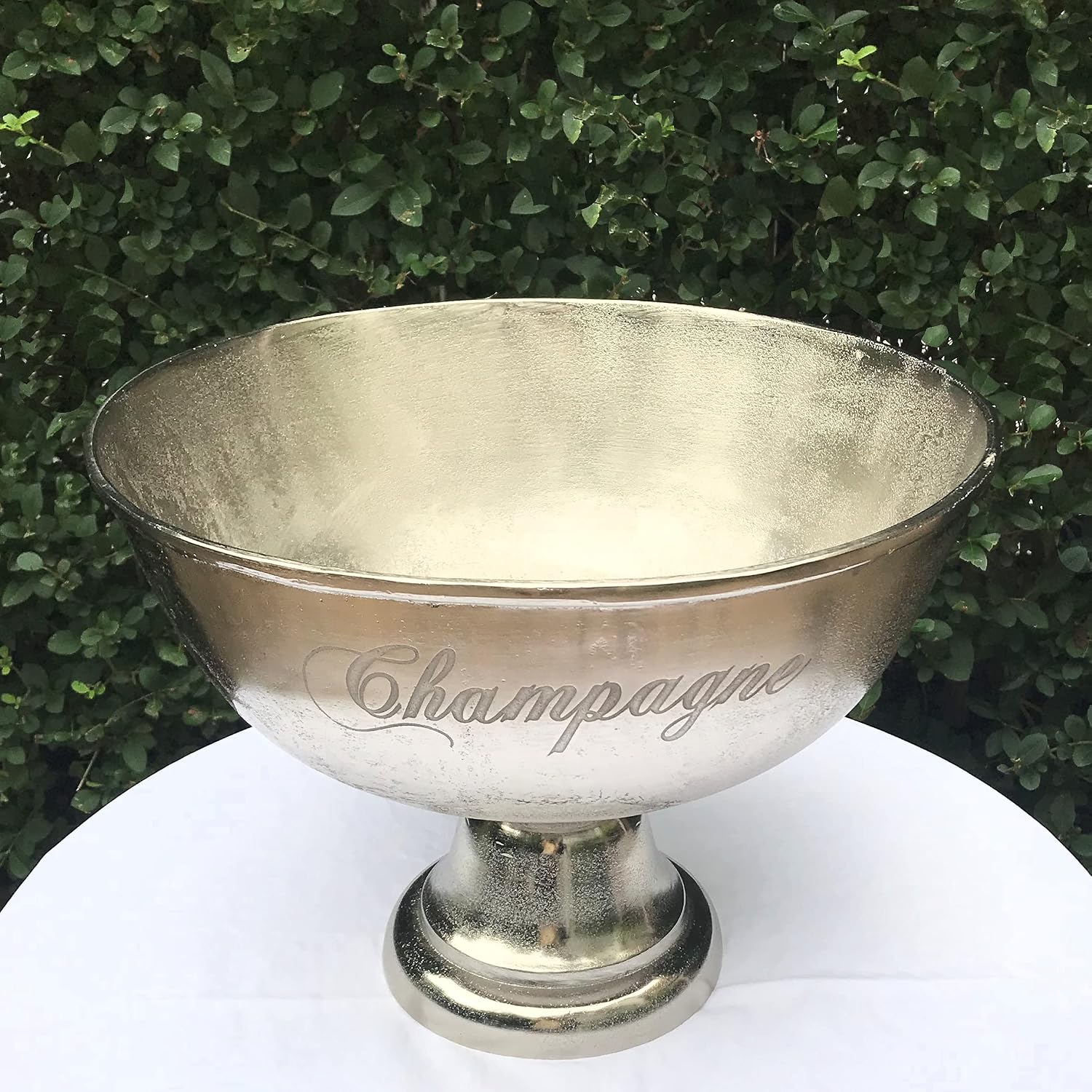 Luxury Champagne Bucket With Old World Panache, Elegant Script Text Details, Hand Cast of Silver Aluminum, Pedestal Base, Party Sized, 18.5 Inches Diameter, 13.5 Inches Tall
