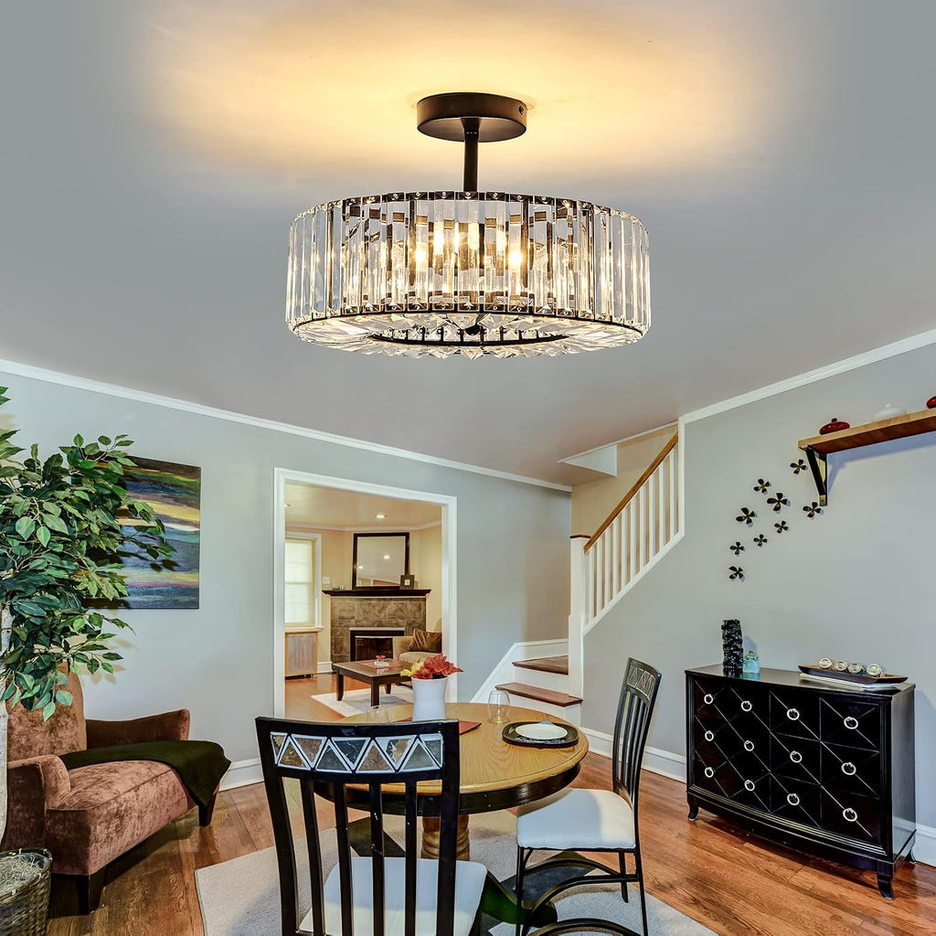 Piepooye 4 Lights Modern Crystal Chandelier Black Round Semi Flush Mount Ceiling Light Fixture Farmhouse Chandelier for Dinning Room Living Room Bedroom Hallway Entryway Kitchen