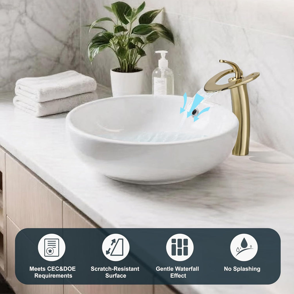Tall Brushed Gold Waterfall Unique Bathroom Faucets, Single Lever 1 Hole Vessel Sink Faucets for Bathroom Vanity, Hot Cold Mixer Tap with Supply Hoses and Pop up Drain, llaves para lavamanos de baño