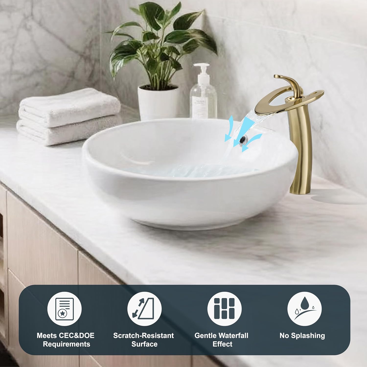 Tall Brushed Gold Waterfall Unique Bathroom Faucets, Single Lever 1 Hole Vessel Sink Faucets for Bathroom Vanity, Hot Cold Mixer Tap with Supply Hoses and Pop up Drain, llaves para lavamanos de baño